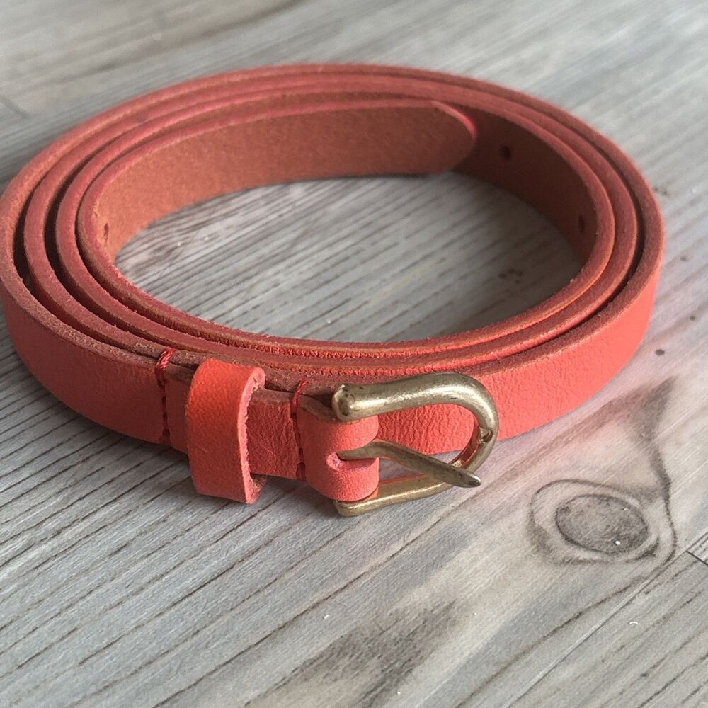J Crew Skinny Genuine Leather Coral Belt Gold Rounded Preppy Boho Buckle Medium
